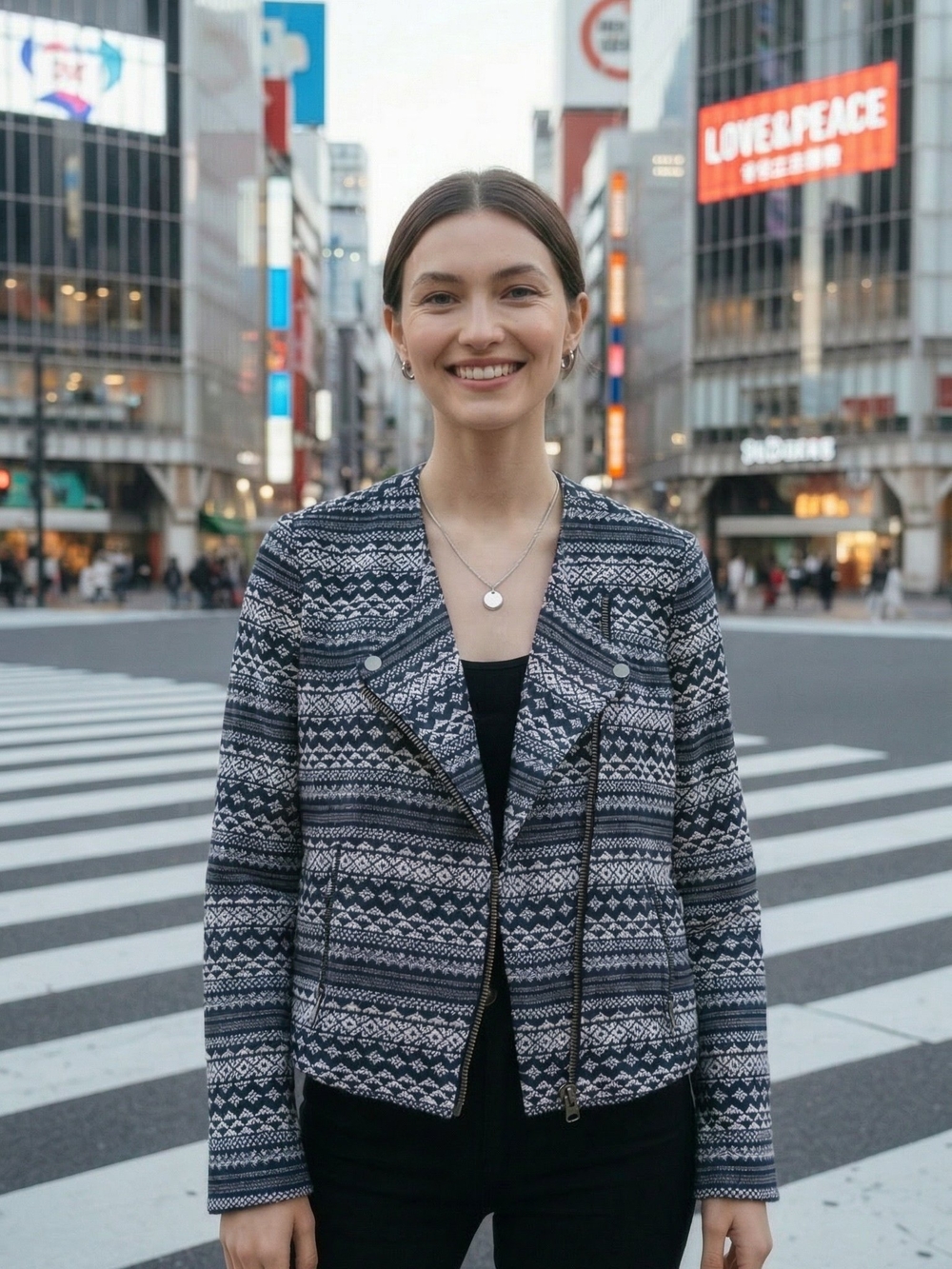 Joie Navy and Gray Patterned Knit Moto Jacket L Career